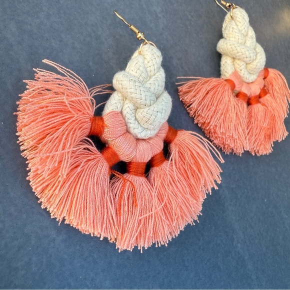 Macrame Peach Tassel Earrings – Handmade Fringe Boho Statement Jewelry - Picture 6 of 8